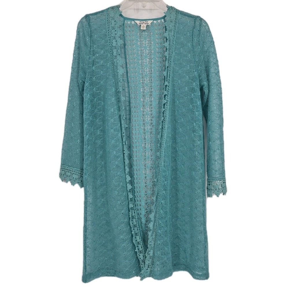 Krazy Kat Teal Crochet Lace Kimono Duster Cardigan Sz Small